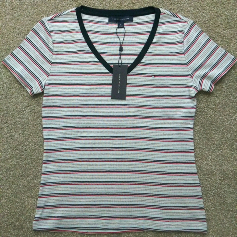 NWT Sz M Tommy Hilfiger Striped V Neck T Shirt Top